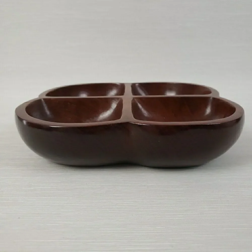 Carib Craft Lacquered Mahogany Divided Snack Nut Dish Serving Bowl VTG MCM